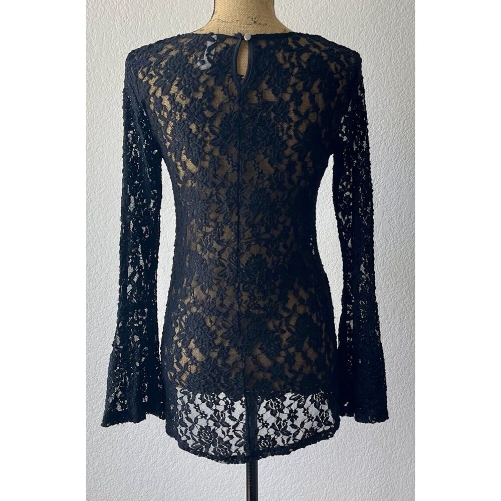 Black Floral Lace Bell Sleeve Blouse Women’s Small Whimsygoth Gothic Sheer Top - Picture 3 of 9